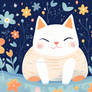 a white cat with flowers and stars in the backgrou