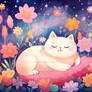 a white cat is sleeping in a field of flowers