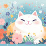 a white cat in a field of flowers