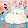 a white cat is sitting in a field of flowers