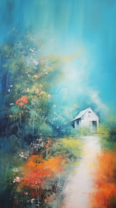 painting of a hut with blue sky