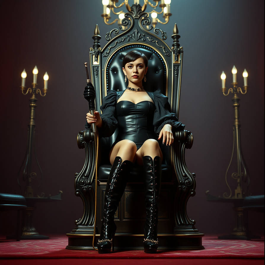 Cruel rubber domina black latex riding crop throne