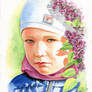 May. Boy with lilac. Watercolor