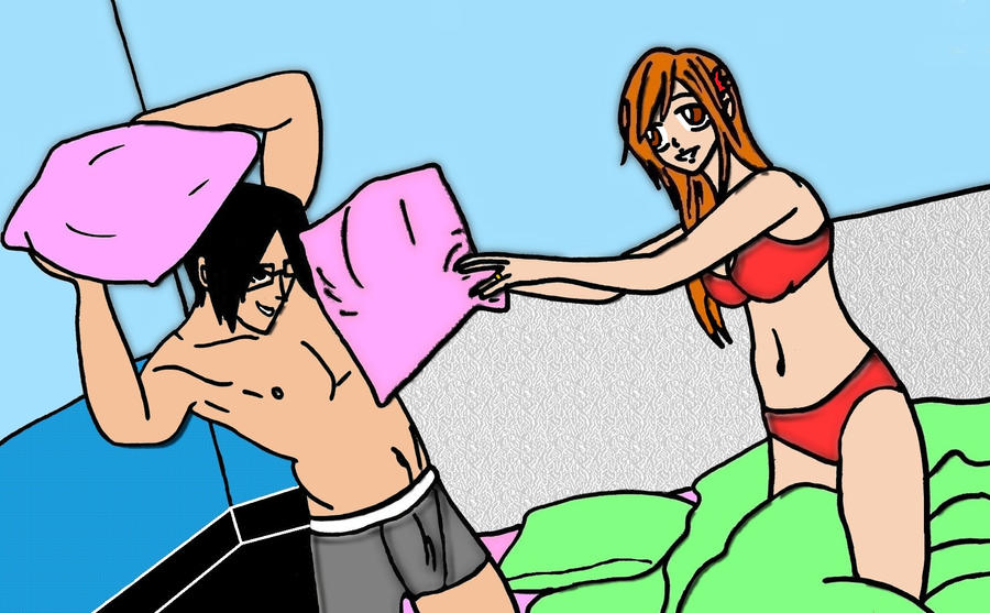 Ishida and Orihime playing with kissen