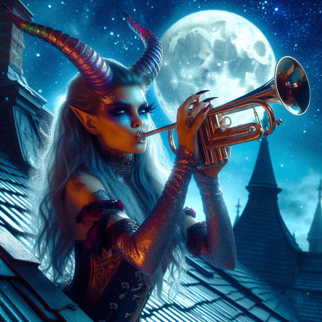 She demon playing a trumpet on her roof under moon by ...