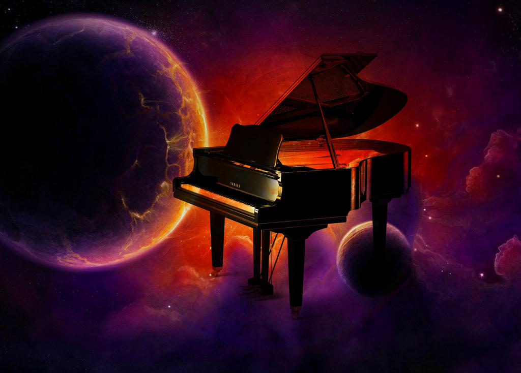 Звучание ночи. Пианино космос. Рояль в космосе. Пианино арт. Рояль в ночи.
