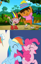 Rainbow dash Pinkie pie laugh at dora and boots