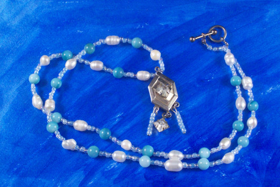 Necklace Blue and White Freshwater Pearl Beaded