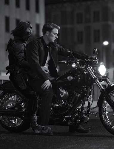 Bucky on Steve's motorcycle