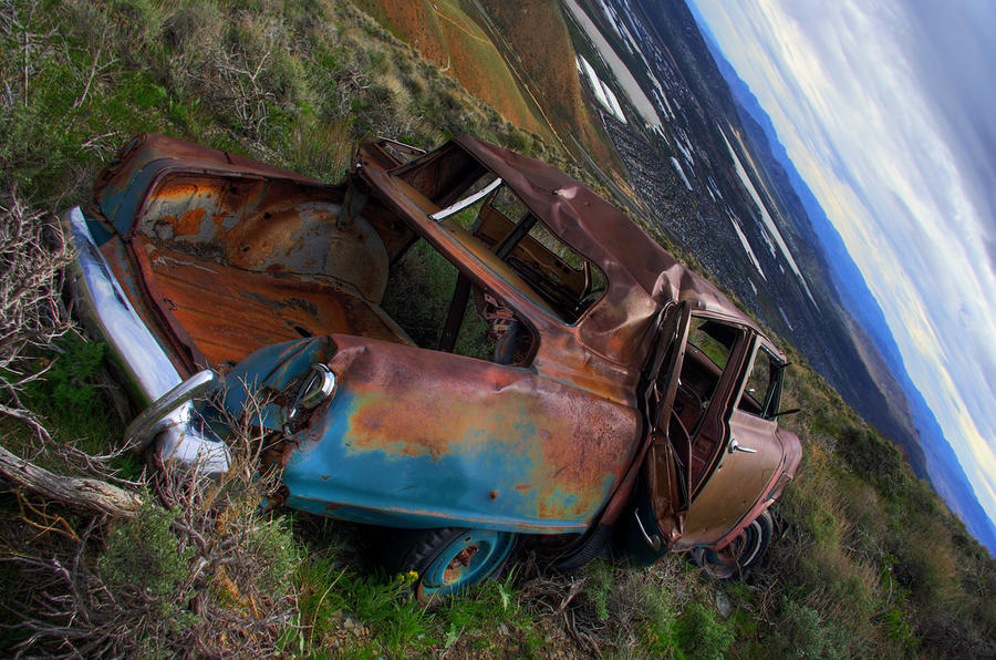 Old car on a mountain.