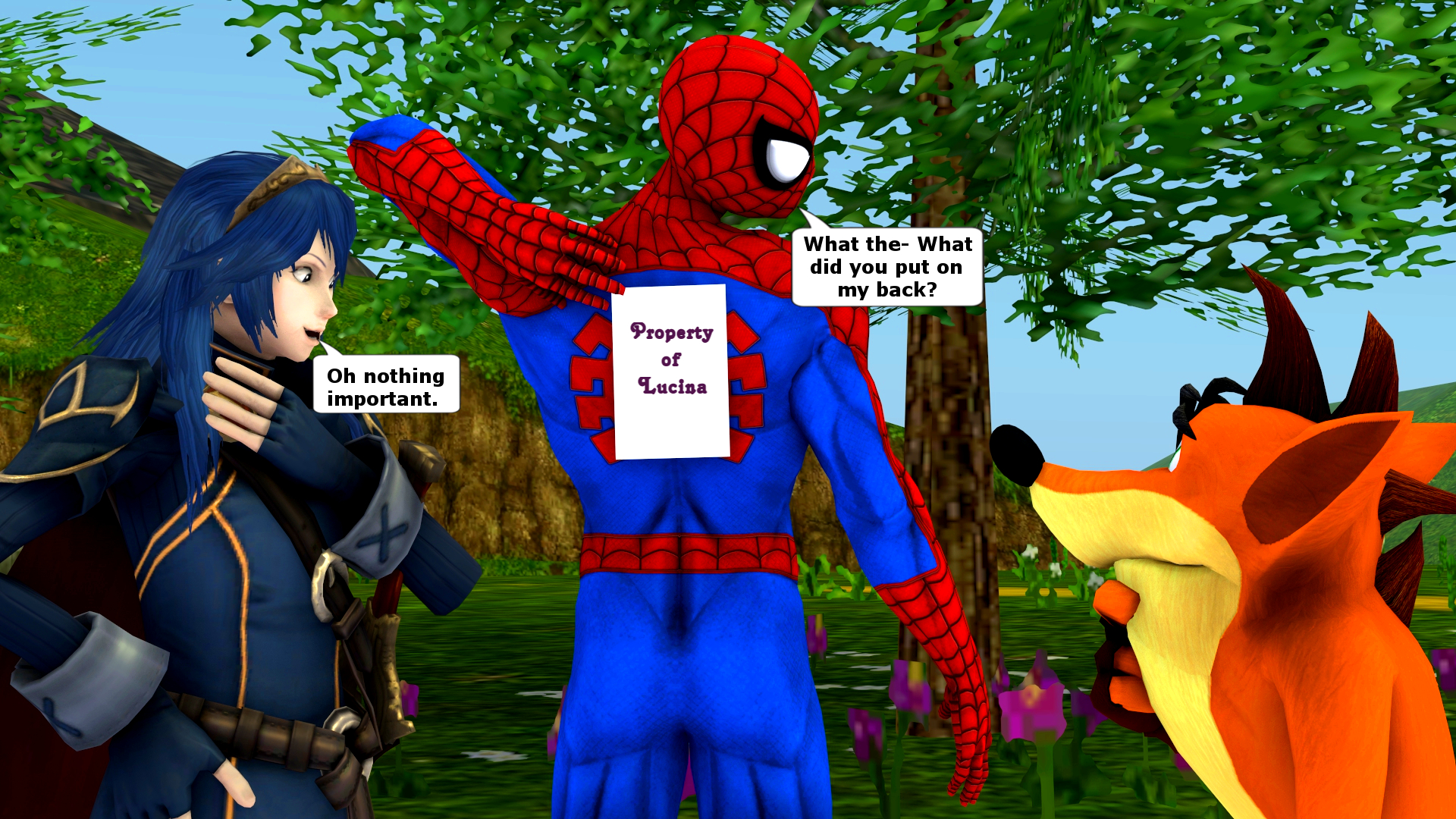 Lucina pulls a prank on Spider-Man parody by kongzillarex619 on DeviantArt