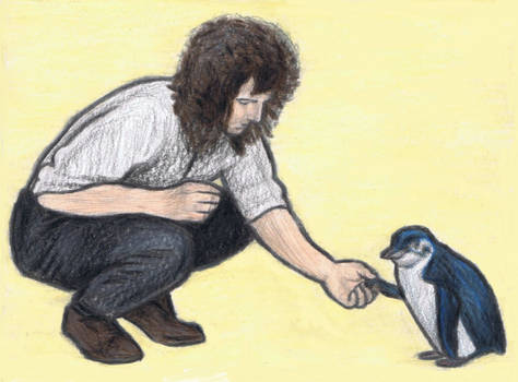 Brian May shaking hands with a penguin