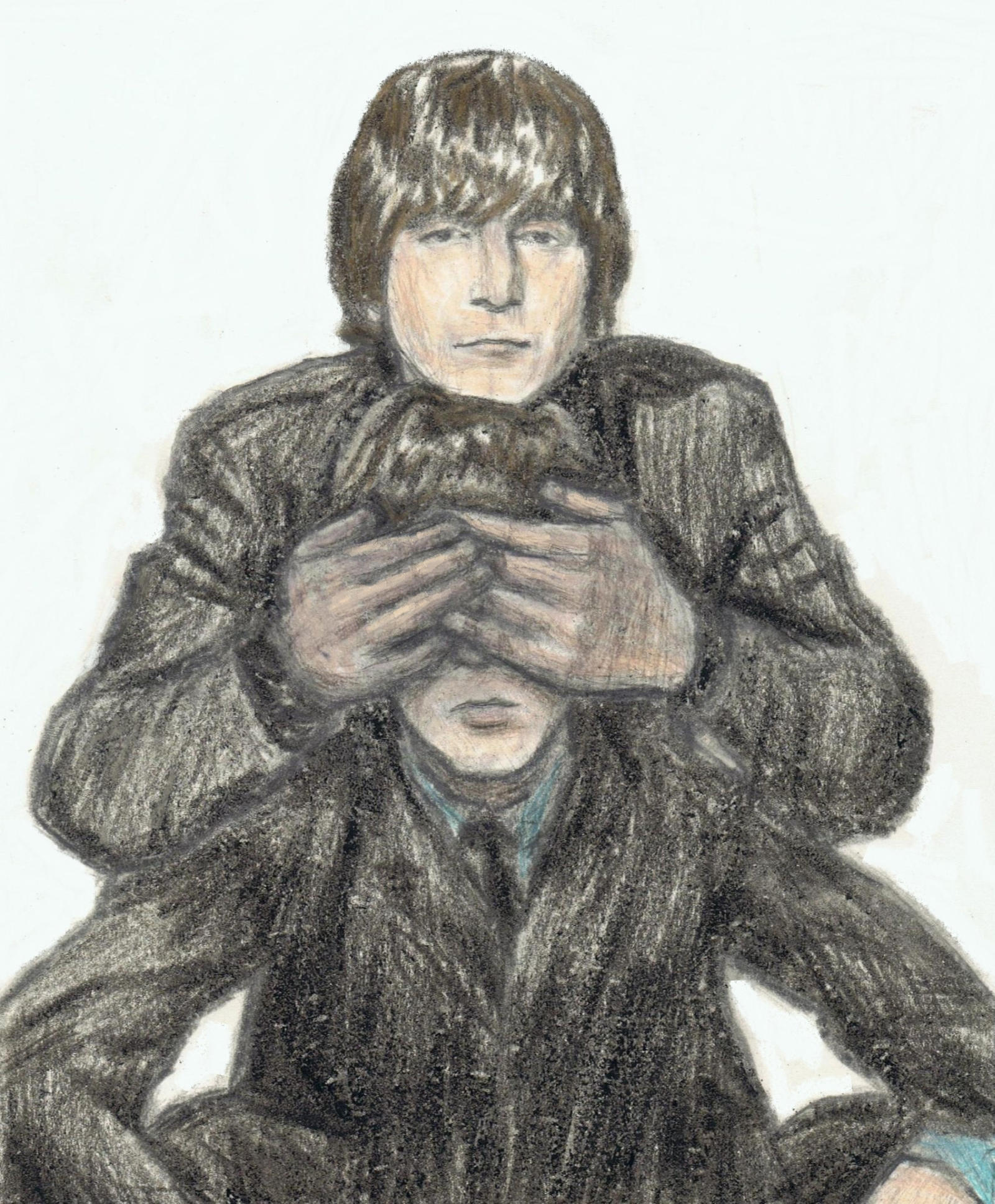 Lennon's hands over McCartney's eyes