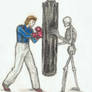 Boxer Bowie punching a sandbag