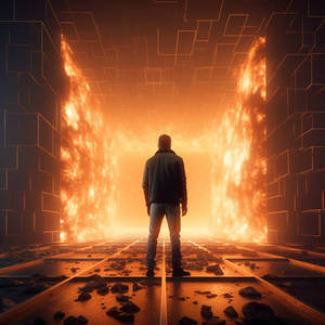 Man Standing In Front Of Enormous Wall of fire