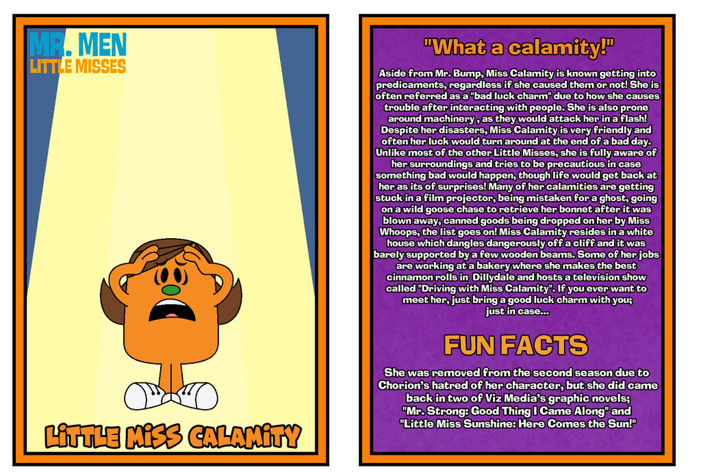 Mr. Men Show Bio Card - Miss Calamity by Percyfan94 on DeviantArt