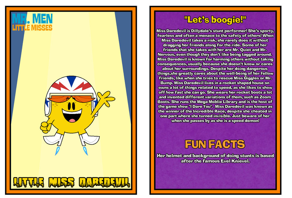 Mr. Men Show Bio Card - Miss Daredevil by Percyfan94 on DeviantArt