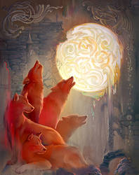 Red wolves. Oil painting on wood