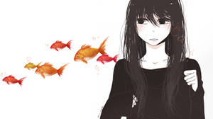 black haired girl and coloured goldfish