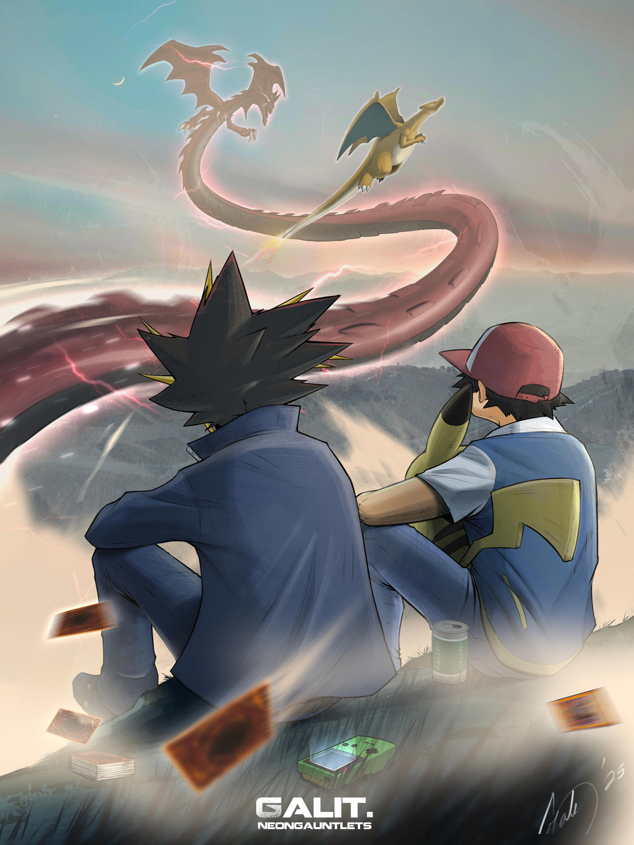 Ash and Yugi watch on.
