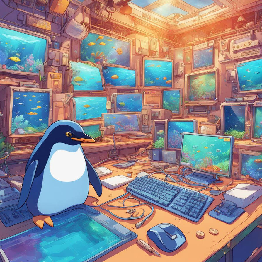 Penguin programming linux under water by Jijinshin on DeviantArt