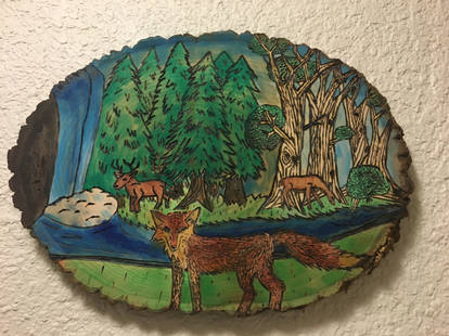 Woodlands Woodburned and Watercolored Painting