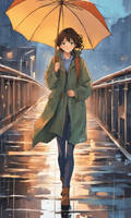A young woman is walking on a bridge in the rain