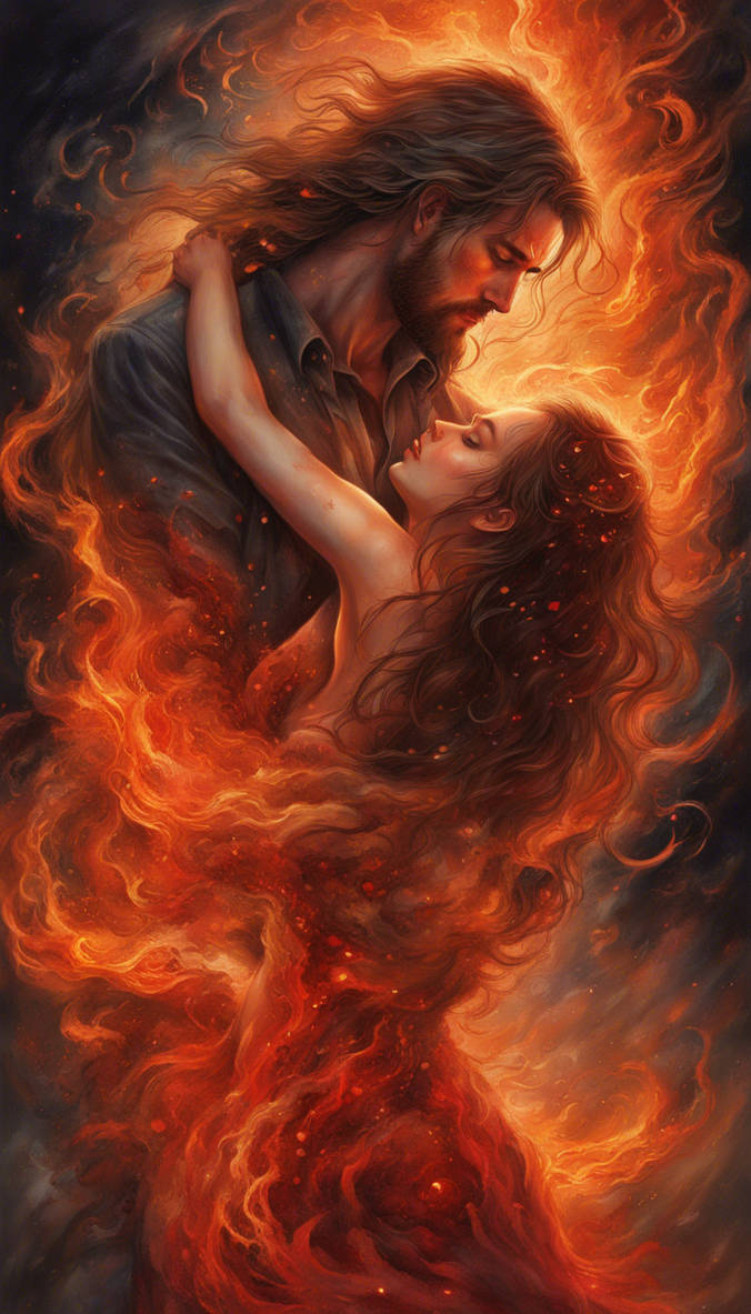 A dramatic fantasy portrait of a fiery couple