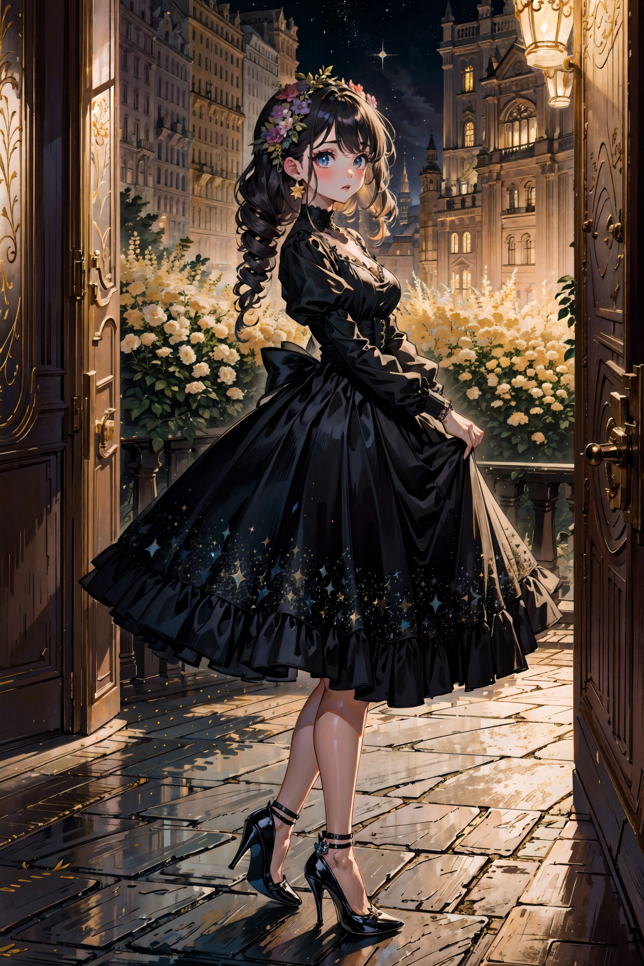 cute anime black dress A pretty girl with a simple black dress very simple at the top and sheer flowers on the bottom