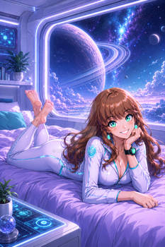 Jen 10 in her cozy futuristic retreat
