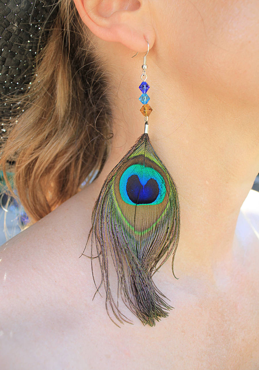 Sapphire Blue, Turquoise Peacock Feather Earrings by CrypticTreasures