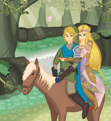 Link and Zelda riding on Epona