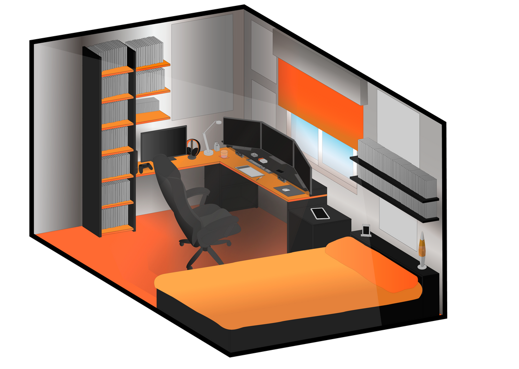 Планировка комнаты подростка геймера. Оранжевая комната геймера. Комната геймера 3д модель. Планировка маленькой комнаты для геймера.