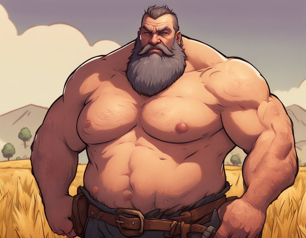 A shirtless 50 year old farmer