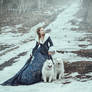 The woman in blue coat walk with a dog