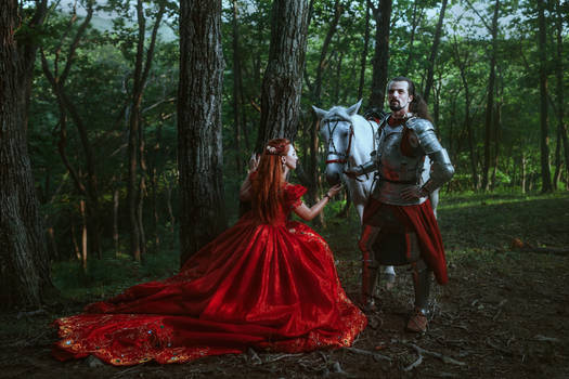 Medieval knight with his beloved lady in red dress