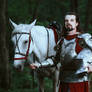Knight with white horse wolking in the forest