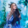 Princess in vintage dress walking in magic forest
