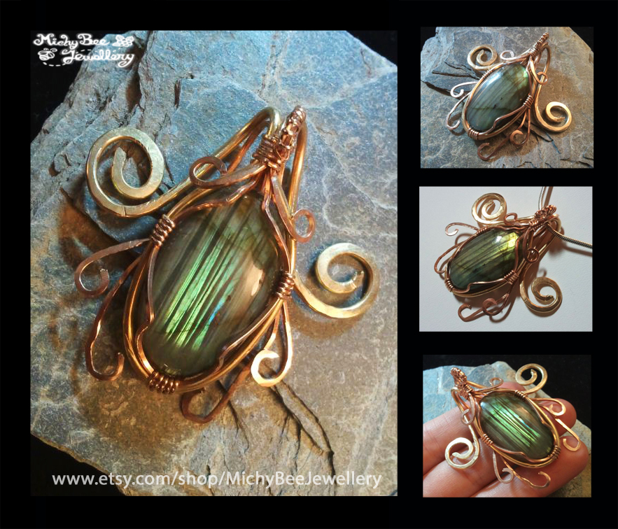 Green Sheen Scarab - Bronze Wire Wrapped Oval Labr