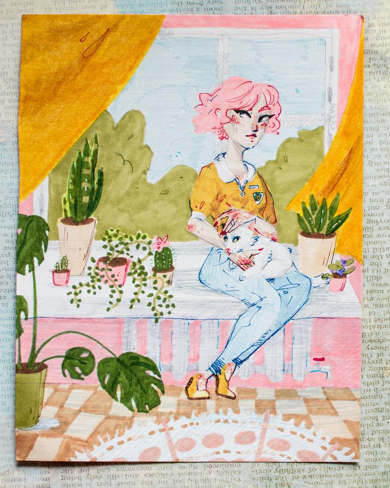 Pink haired girl at the windowsill and summer