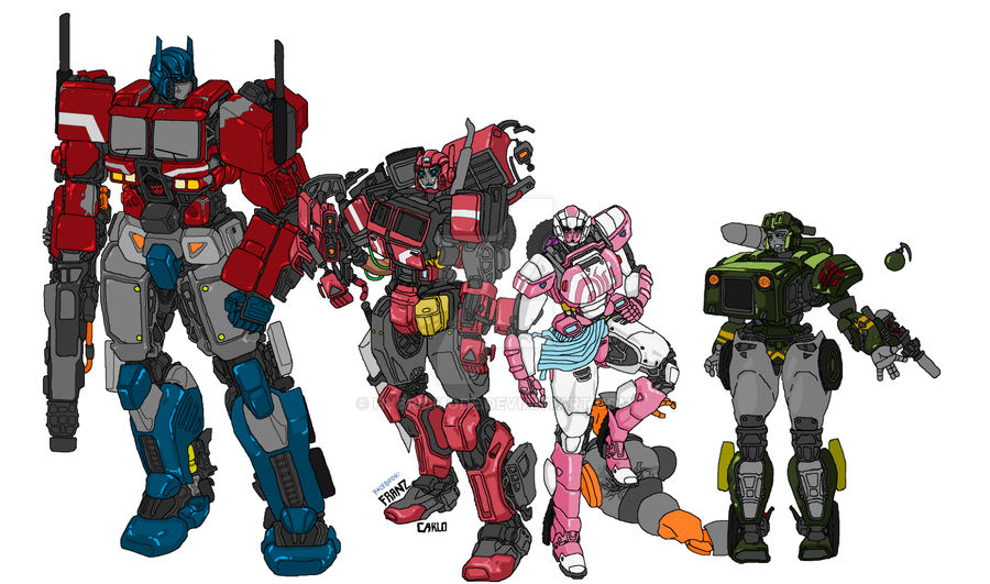 Optimus Prime and the team by hybridmode on DeviantArt