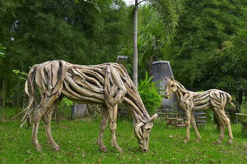 Driftwood horse  The Grazing Mare and Filly