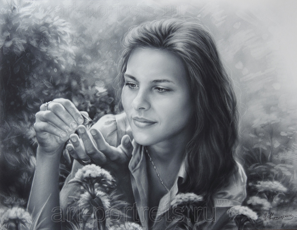 Drawing of a girl with butterfly by Dry Brush