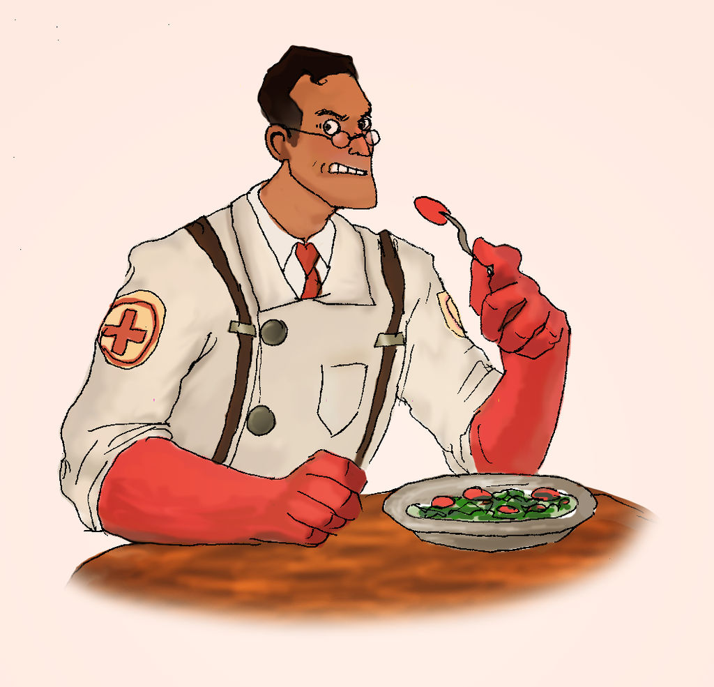Medic aggressively eating a salad