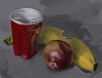 Cup, Fruits, and a Nickel