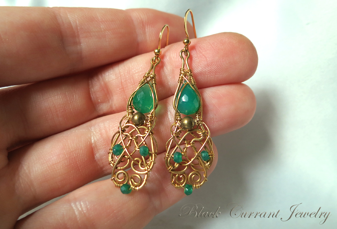 Green Onyx and Brass Earrings