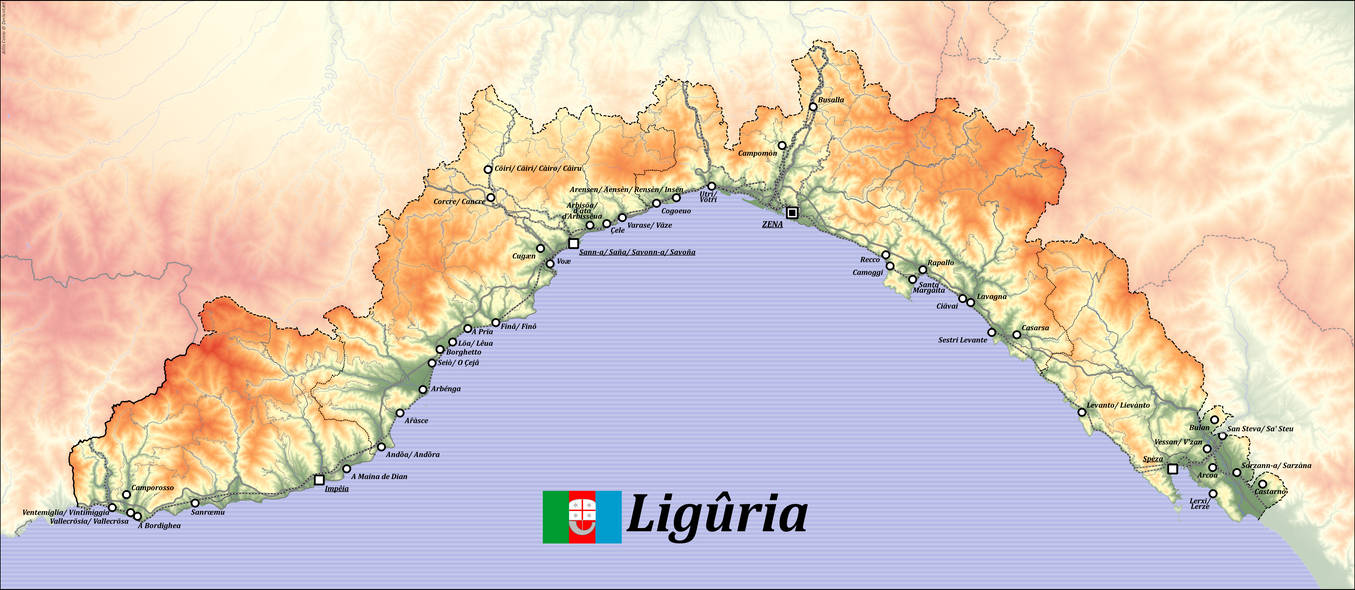 [NON-FICTION] Map of Liguria: names in Ligurian by arlinconio on DeviantArt