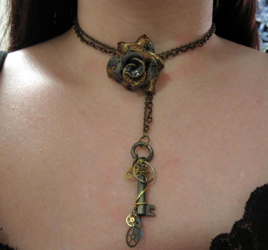 Antiqued metals rose choker