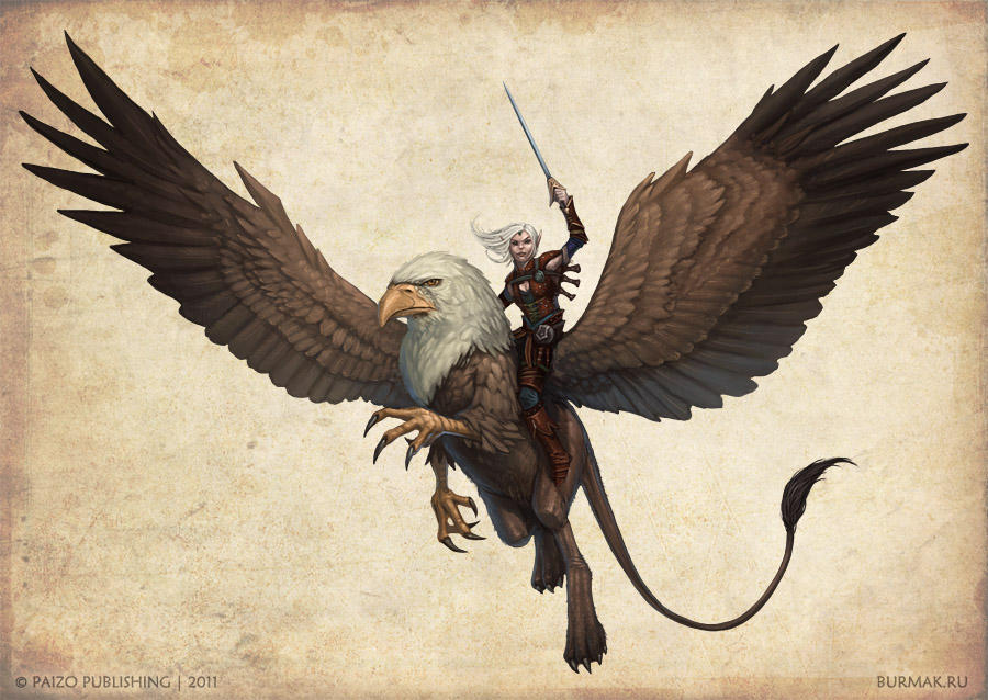 Merisiel riding a griffon by DevBurmak