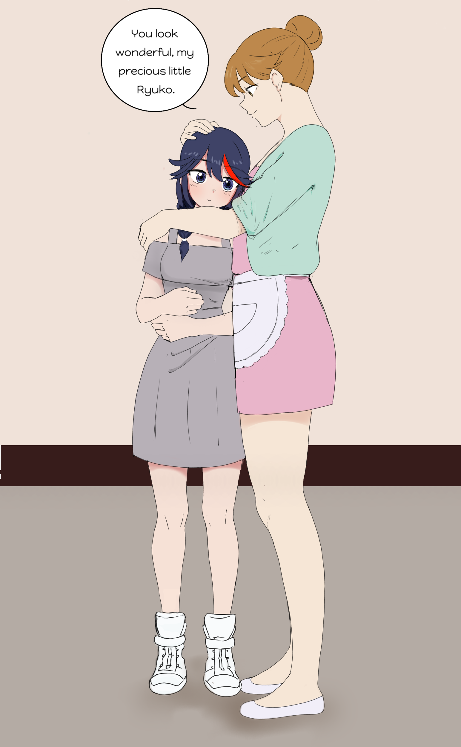 Sukuyo Mankanshoku cuddling Ryuko in her new dress